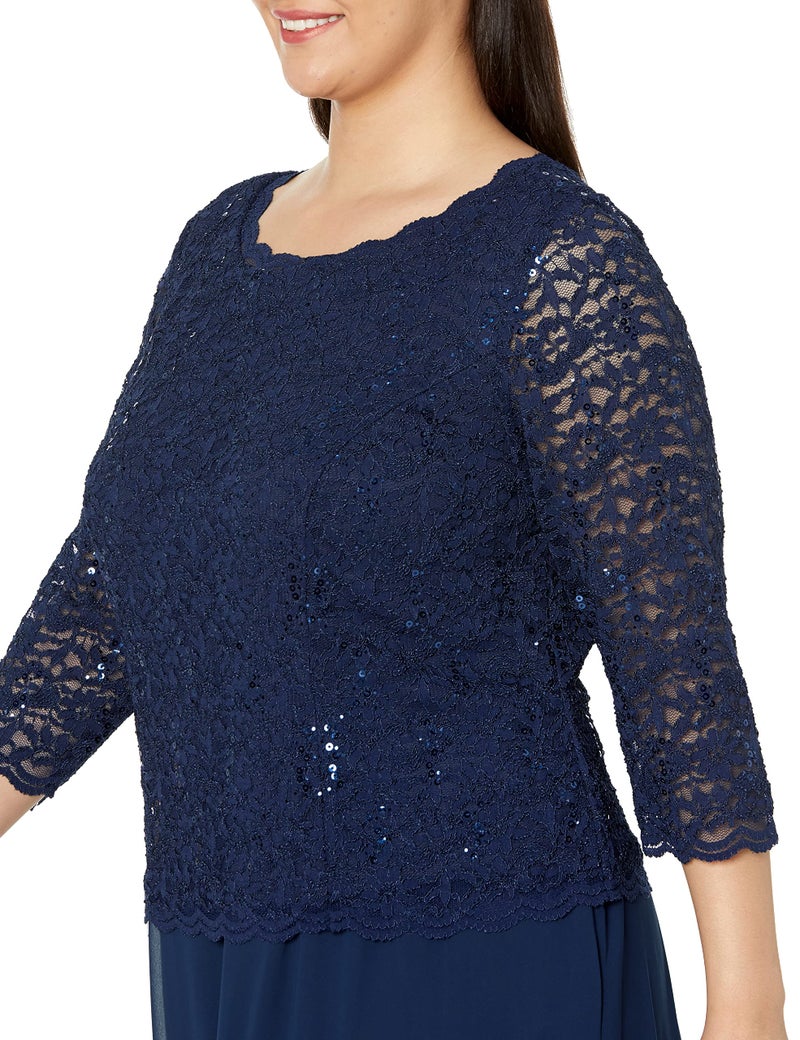 Alex Evenings Women's Plus Size Stretch Lace Bodice Mock One Piece Gown, Navy, 16W - Image 3